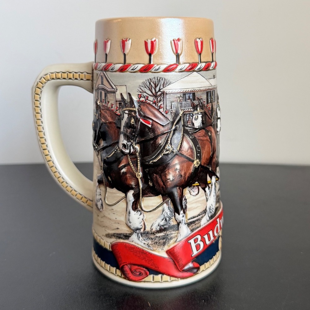 Budweiser Beer Stein B Series Clydesdales Ceramic Winter Scene Ceramarte Brazil